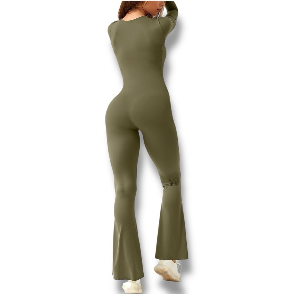 Qinsen Chic Olive Green Square Neck Flared Leg Long Sleeve Bodycon Jumpsuit - Picture 4 of 16